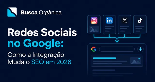 Infográfico Busca Orgânica: conteúdo social do Instagram, LinkedIn e TikTok sendo integrado aos resultados do Google, ilustrando como redes sociais aparecem nas buscas em 2026