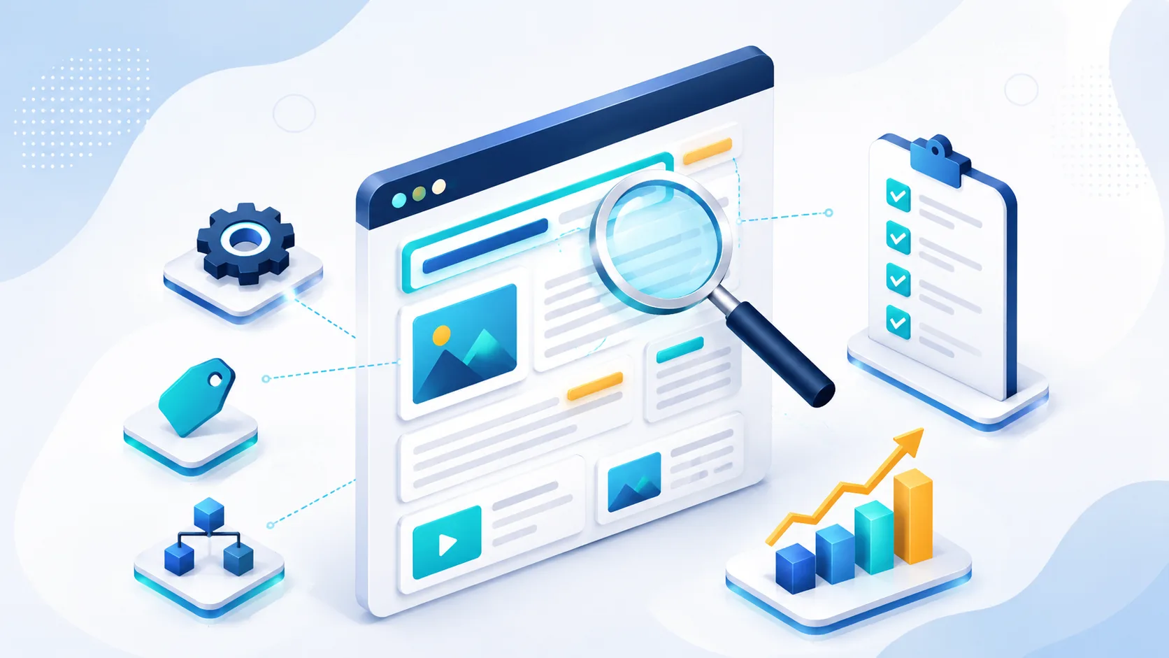 Ilustração de SEO On-Page: título, headings, meta tags, URLs e otimização de conteúdo, Busca Orgânica